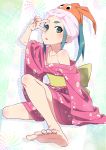  1girl :o animal_print aqua_hair fish_print green_eyes hairband hat highres japanese_clothes kimono monogatari_(series) obi ononoki_yotsugi open_mouth peace_symbol pink_x sash short_hair solo tsukimonogatari v 