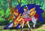  1girl armor armored_animal brown_hair female_protagonist_(pokemon_swsh) forest poke_ball poke_ball_(generic) shield smile sweater tokineko zamazenta 