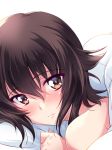  1girl absurdres bangs blush brown_eyes brown_hair commentary eyebrows_visible_through_hair face girls_und_panzer highres kuzuryuu_kennosuke looking_at_viewer lying nishizumi_maho on_stomach parted_lips pillow short_hair smile solo under_covers 
