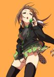  1girl black_legwear breasts brown_hair candy food fu-ta hair_ornament hairclip holding hood hooded_jacket jacket lollipop long_hair open_mouth original pleated_skirt ponytail simple_background skirt solo teeth thigh-highs tongue tongue_out usami_taiga yellow_background 