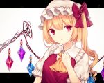  1girl blonde_hair bow chiyu_(kumataro0x0) closed_mouth eyebrows_visible_through_hair flandre_scarlet hair_between_eyes hair_bow hat red_bow red_eyes shiny shiny_hair short_hair_with_long_locks short_sleeves side_ponytail solo touhou upper_body white_background white_headwear wings yellow_neckwear 