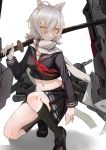  1girl absurdres akira_(aristole) animal_ears azur_lane bangs black_skirt hair_between_eyes highres long_sleeves maya_(azur_lane) navel pleated_skirt rigging scarf school_uniform serafuku short_hair silver_hair skirt solo sword weapon white_scarf yellow_eyes 