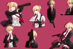  1girl agent_47 artist_request black_jacket black_skirt blonde_hair breasts cosplay dual_wielding english_commentary girls_frontline green_eyes highres hitman_(game) holding holster holstered_weapon jacket jacket_removed necktie parody piano_wire pink_background pose red_neckwear shirt short_twintails skirt solo suppressor twintails welrod_mk2 welrod_mk2_(girls_frontline) white_shirt 