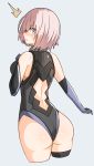  1girl ass back_cutout bare_shoulders black_leotard blush breasts elbow_gloves fate/grand_order fate_(series) gin_moku gloves hair_over_one_eye highleg highleg_leotard highres large_breasts lavender_hair leotard looking_at_viewer looking_back mash_kyrielight open_mouth purple_gloves short_hair simple_background solo thigh_strap violet_eyes 