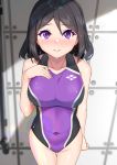  1girl :&gt; black_hair blush breasts commentary_request competition_swimsuit covered_navel highres indoors large_breasts locker locker_room looking_at_viewer one-piece_swimsuit original perspective purple_swimsuit raitho104 short_hair solo standing swimsuit thigh_gap violet_eyes 
