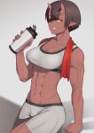  1girl abs absurdres bike_shorts bottle breasts brown_hair dark_skin eyepatch grey_background grin highres holding holding_bottle horns looking_at_viewer muscle muscular_female oni oni_horns original pointy_ears putchers red_eyes short_hair shorts simple_background smile solo sports_bra towel towel_around_neck water_bottle 