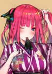  1girl adjusting_hair arms_up bangs black_ribbon blue_eyes blue_nails blunt_bangs blush breasts butterfly_hair_ornament closed_mouth eyebrows_visible_through_hair feng_yezi floral_print flower go-toubun_no_hanayome hair_ornament hair_ribbon hair_tie hair_tie_in_mouth holding japanese_clothes kimono looking_at_viewer mouth_hold nakano_nino obi one_eye_closed pink_hair redhead ribbon sash shirt simple_background smile solo tying_hair upper_body wide_sleeves yukata 