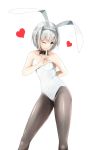  1girl ;) animal_ears arm_behind_back bare_shoulders black-apple_1218 black_legwear blush bow bowtie breasts bunny_girl bunnysuit covered_navel detached_collar fake_animal_ears heart highres konpaku_youmu leotard looking_at_viewer one_eye_closed pantyhose rabbit_ears short_hair silver_hair simple_background small_breasts smile solo standing touhou white_background white_leotard 