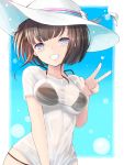  1girl absurdres bangs bikini bikini_under_clothes black_bikini blue_eyes blush bow breasts brown_hair collarbone commentary_request eyebrows_visible_through_hair fingernails grin halter_top halterneck hand_up hat hat_bow heart highres large_breasts original see-through shirt short_sleeves sidelocks smile solo swimsuit temari_rin v white_bow white_headwear white_shirt 