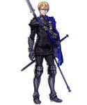  1boy armor armored_boots blonde_hair blue_eyes boots cape dimitri_alexandre_bladud_(fire_emblem) fire_emblem fire_emblem:_three_houses fire_emblem_heroes fujisaka_kimihiko full_body gauntlets gloves highres long_sleeves male_focus official_art pants polearm short_hair solo spear sword transparent_background weapon 