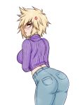  1girl anger_vein ass bakugou_mitsuki blonde_hair blush boku_no_hero_academia breasts commentary denim english_commentary from_behind jeans large_breasts leaning_forward lips looking_back mature pants purple_sweater red_eyes ribbed_sweater short_hair solo spewing_mews spiky_hair sweater turtleneck turtleneck_sweater white_background 