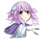  1girl d-pad d-pad_hair_ornament eyebrows_visible_through_hair from_side hair_between_eyes hair_ornament hood hooded_jacket jacket light_blush looking_at_viewer neptune_(neptune_series) neptune_(series) omnisucker purple_hair short_hair simple_background smile solo upper_body usb violet_eyes white_background 
