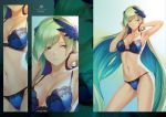  absurdres bangs blonde_hair blue_background blue_bra blue_hair blue_panties blunt_bangs bra breasts brynhildr_(fate) closed_mouth commentary_request fate/grand_order fate_(series) gradient gradient_background green_background hair_ornament hair_over_one_eye highres long_hair mashuu_(neko_no_oyashiro) medium_breasts multicolored_hair multiple_views panties title underwear very_long_hair violet_eyes 