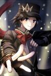  1boy black_gloves black_hair black_headwear black_jacket calem_(champion)_(pokemon) confetti delixixd fingerless_gloves gloves grey_eyes highres jacket looking_at_viewer male_focus official_alternate_costume pokemon pokemon_(game) pokemon_masters_ex smile solo sparkle upper_body 