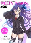  1girl armored_boots bangs black_jacket blue_eyes blue_ribbon boots commentary_request cover crotch_plate earphones earphones eyebrows_visible_through_hair fate/grand_order fate_(series) glasses hair_ornament hair_ribbon highres jacket long_hair long_sleeves looking_at_viewer magazine_cover meltryllis purple_hair ribbon shirt sleeves_past_fingers sleeves_past_wrists solo translation_request very_long_hair white_shirt yuge_(yuge_bakuhatsu) 
