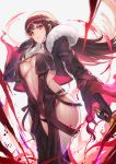  1girl absurdres black_gloves black_hair breasts center_opening closed_mouth consort_yu_(fate) ear_piercing fate/grand_order fate_(series) fur_trim gloves grey_background highres jun_wei long_hair long_sleeves looking_at_viewer medium_breasts navel piercing red_eyes revealing_clothes solo standing under_boob 