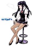  1girl artist_name bartender cigarette cocktail cocktail_glass commentary_request copyright_name cup drinking_glass english_text high_heels isakawa_megumi jill_stingray necktie pantyhose purple_hair red_eyes red_neckwear smoking solo stool twintails va-11_hall-a white_background 