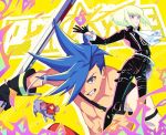  2boys black_gloves black_jacket blue_eyes blue_hair chest con_potata cravat fire galo_thymos gloves green_hair jacket lio_fotia male_focus mouse multiple_boys outstretched_hand pants promare shirtless smile spiky_hair vinny_(promare) 