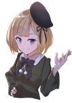  1girl bangs beret black_bow black_headwear black_ribbon blonde_hair blue_eyes blush bow closed_mouth collared_dress commentary_request cropped_torso dress eyebrows_visible_through_hair fate_(series) green_dress hand_on_hip hand_up hat highres long_sleeves lord_el-melloi_ii_case_files reines_el-melloi_archisorte ribbon short_hair smile solo tapioka_(oekakitapioka) tilted_headwear upper_body wide_sleeves 