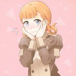  1girl annette_fantine_dominique blue_eyes blush closed_mouth epaulettes fire_emblem fire_emblem:_three_houses hands_on_own_cheeks hands_on_own_face long_sleeves orange_hair shimizu_feaka solo uniform upper_body wavy_mouth 