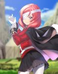  1girl adjusting_clothes adjusting_gloves bandage_over_one_eye black_cape black_skirt blurry blurry_background blush bunbun_(midukikome) cape commentary_request cosplay fate/grand_order fate_(series) florence_nightingale_(fate/grand_order) florence_nightingale_(fate/grand_order)_(cosplay) gloves highres jacket looking_at_viewer love_live! love_live!_school_idol_project military military_uniform nishikino_maki pantyhose pleated_skirt red_jacket redhead short_hair skirt smile solo uniform violet_eyes white_legwear 