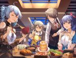  4girls :d :o ahoge bangs blue_eyes blue_hair blue_ribbon blue_skirt blue_sky blush bowl braid breasts bronya_zaychik brown_hair brown_jacket character_request chopsticks closed_eyes closed_mouth collarbone commentary_request day dress drinking_straw eating eyebrows_visible_through_hair flower food fruit hair_between_eyes hair_flower hair_ornament hair_over_one_eye hair_ribbon hairclip hands_up holding holding_bowl holding_chopsticks homu_(honkai_impact) honkai_(series) honkai_impact_3rd indoors jacket layered_skirt leaning_forward long_hair long_sleeves medium_breasts mosta_(lo1777789) multiple_girls neck_ribbon object_hug open_mouth parted_lips pleated_skirt red_ribbon ribbon rita_rossweisse shirt shoulder_cutout skirt sky sleeveless sleeveless_dress small_breasts smile strawberry stuffed_animal stuffed_bunny stuffed_toy transparent twin_braids twintails white_dress white_flower white_shirt window 