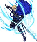  1boy armor armored_boots blonde_hair blue_eyes boots cape dimitri_alexandre_bladud_(fire_emblem) fire_emblem fire_emblem:_three_houses fire_emblem_heroes fujisaka_kimihiko full_body gauntlets gloves highres long_sleeves male_focus official_art pants polearm short_hair solo spear sword transparent_background weapon 