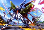  absurdres battle beam_cannon beam_rifle blue_sky day energy_gun energy_sword explosion fire gundam gundam_seed highres m1_astray mecha mountainous_horizon no_humans official_art outdoors perfect_strike_gundam shield sky strike_dagger sword weapon yellow_eyes 