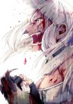  1girl blood blood_on_face bloody_tears claw_(weapon) fate/grand_order fate_(series) grey_eyes highres penthesilea_(fate/grand_order) profile roaring sasame_yuuki weapon white_background white_hair 