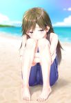  1girl arashio_(kantai_collection) barefoot beach blue_sky blue_swimsuit blurry brown_eyes brown_hair clouds commentary_request day depth_of_field gotou_hisashi kantai_collection leg_hug long_hair looking_to_the_side nontraditional_school_swimsuit outdoors school_swimsuit sitting sky solo swimsuit 