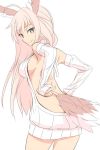  1girl arms_behind_back ass bird_tail blue_eyes breasts detached_sleeves feathers hanna-justina_marseille head_wings large_breasts long_hair meme_attire pink_hair sakuraidai sideboob sleeves_past_wrists solo strike_witches tail thighs virgin_killer_sweater white_background world_witches_series 