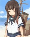  1girl alchera bangs beach black_hair blue_sailor_collar blue_sky blue_swimsuit blunt_bangs brown_eyes clouds collared_shirt commentary_request cowboy_shot day hatsuyuki_(kantai_collection) horizon kantai_collection long_hair looking_at_viewer machinery mast neckerchief ocean outdoors sailor_collar school_swimsuit school_uniform serafuku shirt sky smokestack solo swimsuit 