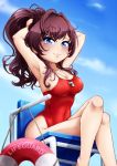  1girl :3 ahoge armpits arms_behind_head arms_up blue_eyes breasts brown_hair casual_one-piece_swimsuit chair commentary_request covered_navel feet_out_of_frame ichinose_shiki idolmaster idolmaster_cinderella_girls long_hair looking_at_viewer medium_breasts one-piece_swimsuit ponytail red_swimsuit sitting smile solo stalkingp swimsuit wavy_hair whistle whistle_around_neck 