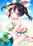  1girl ;o arm_up ball bare_arms bare_shoulders beach beachball bikini black_hair blue_sky blush bow clouds cloudy_sky collarbone commentary_request day frilled_bikini frills green_ribbon hair_ribbon highres kneeling koko_ne_(user_fpm6842) love_live! love_live!_school_idol_project navel one_eye_closed outdoors parted_lips polka_dot_ribbon red_bow red_eyes red_footwear red_ribbon ribbon sand sandals sidelocks sky solo sweat swimsuit twintails water yazawa_nico 