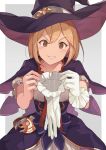  blonde_hair blush brown_eyes collarbone djeeta_(granblue_fantasy) giving gloves gloves_removed granblue_fantasy hat hinami_(hinatamizu) looking_at_viewer sexually_suggestive short_hair short_sleeves single_glove smile waist_cape white_gloves witch_hat 
