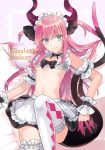  1girl alternate_costume apron arm_strap asymmetrical_horns blue_eyes breasts curled_horns diamond_(shape) dragon_girl dragon_horns dragon_tail elizabeth_bathory_(fate) elizabeth_bathory_(fate)_(all) enmaided fate/extella fate/extella_link fate/extra fate/grand_order fate_(series) flat_chest frilled_apron frilled_legwear frills hair_between_eyes highres horns long_hair looking_at_viewer maid maid_headdress navel pink_hair pointy_ears sidelocks simple_background sitting sleeve_cuffs smile solo tail thigh-highs waist_apron white_legwear wrist_cuffs 