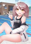  1girl black_swimsuit blue_sky brown_eyes brown_hair clock clouds commentary_request cowboy_shot day drawstring fang highres hood hooded_jacket hoodie jacket kantai_collection kirigakure_(kirigakure_tantei_jimusho) long_hair looking_at_viewer outdoors pool ryuujou_(kantai_collection) school_swimsuit sitting skin_fang sky smile solo swimsuit twintails v white_jacket 