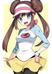  1girl :d black_legwear blue_eyes blue_sleeves blush breasts brown_hair cowboy_shot double_bun floating_hair hand_on_hip long_hair long_sleeves looking_at_viewer medium_breasts mei_(pokemon) miniskirt open_mouth pantyhose pleated_skirt poke_ball_print pokemon pokemon_(game) pokemon_bw2 print_shirt shirt skirt smile solo standing twintails visor_cap white_background white_shirt wristband yellow_skirt yuihiko 