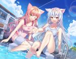  2girls :d animal_ears bare_arms bare_shoulders bird blue_sky bottle breasts brown_eyes building cat_ears clouds collarbone commission condensation_trail earrings elsword fang jewelry knee_up large_breasts lens_flare long_hair looking_at_viewer multiple_girls one-piece_swimsuit one_eye_closed open_mouth outstretched_arm pinb pink_hair pool red_eyes school_swimsuit silver_hair sitting sky smile swimsuit towel very_long_hair water water_bottle white_swimsuit 