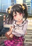  1boy 3girls :o bag bangs black_bow black_hair bow brown_hair building buttons collarbone commentary_request dated day eyebrows_visible_through_hair hair_between_eyes hair_bow handbag head_tilt highres long_sleeves looking_at_another looking_at_viewer love_live! love_live!_school_idol_project medium_hair multiple_girls open_mouth outdoors peeping pink_skirt plaid plaid_skirt red_eyes shade shamakho shiny shiny_hair shirt siblings side_ponytail sidelocks signature skirt solo_focus stairs standing sunlight tareme twintails white_shirt yazawa_kokoa yazawa_kokoro yazawa_kotarou yazawa_nico yellow_bow 