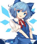  1girl :d bangs blue_bow blue_dress blue_eyes blue_hair bow chiyu_(kumataro0x0) cirno dress eyebrows_visible_through_hair hair_bow head_tilt highres looking_at_viewer neck_ribbon open_mouth pinafore_dress red_ribbon ribbon shiny shiny_hair shirt short_hair short_sleeves sleeveless sleeveless_dress smile solo swept_bangs touhou white_background white_shirt 