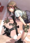  assault_rifle blurry blush brown_hair cat commentary depth_of_field from_above gloves gun knee_pads kws leaning_forward load_bearing_vest looking_to_the_side m4_carbine military original pleated_skirt pose rifle school_uniform signature skirt smile violet_eyes weapon 