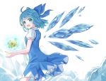 1girl ahase_hino ahoge arms_up bangs blue_dress blue_eyes blue_hair bow cirno contrapposto cowboy_shot dress eyebrows_visible_through_hair flower from_side frozen_flower hair_bow head_tilt ice ice_wings looking_at_viewer looking_back open_hands open_mouth petticoat pinafore_dress puffy_short_sleeves puffy_sleeves shirt short_hair short_sleeves simple_background solo standing sunflower touhou upper_body white_background white_shirt wind wind_lift wings 