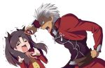  1boy 1girl archer black_hair brown_hair closed_eyes coat fate/stay_night fate_(series) fujitaka_nasu grey_hair hair_ribbon highres kono_subarashii_sekai_ni_shukufuku_wo! looking_at_viewer parody ribbon shouting simple_background toosaka_rin white_background 