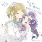  2girls artist_name ayase_eli blonde_hair blush bow bowtie braid carrying closed_eyes dated dress flower formal green_eyes happy_birthday heart highres kinacojjs long_hair looking_at_another love_live! love_live!_school_idol_project multiple_girls open_mouth petals ponytail princess_carry purple_hair scrunchie simple_background suit teeth tongue toujou_nozomi veil wedding wedding_dress white_background yuri 