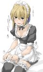  1girl ahoge alternate_costume apron artoria_pendragon_(all) black_legwear blonde_hair blush bra_strap breasts choker elf_(stroll_in_the_woods) enmaided fate/stay_night fate_(series) green_eyes hair_between_eyes highres lace lace-trimmed_choker lace-trimmed_legwear lace_trim maid maid_apron maid_headdress ribbon_choker saber small_breasts solo thigh-highs thighs translation_request white_background 
