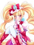  1girl aisaki_emiru bangs blonde_hair blunt_bangs bow closed_mouth commentary_request cure_macherie eyebrows_visible_through_hair gloves hair_bow highres hugtto!_precure long_hair looking_at_viewer magical_girl pink_gloves precure puffy_short_sleeves puffy_sleeves red_bow red_eyes s-operator short_sleeves simple_background smile solo thigh-highs thighs twintails very_long_hair white_background white_legwear 
