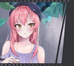  1girl blush earrings eyebrows_visible_through_hair film_border hair_between_eyes hair_down hat highres hoop_earrings idolmaster idolmaster_cinderella_girls jewelry jougasaki_mika leaf long_hair necklace pink_hair risu_mikap solo upper_body yellow_eyes 