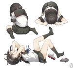  1girl all_fours artist_logo black_hair black_legwear black_sailor_collar black_skirt blue_neckwear commentary_request covering_face fubuki_(kantai_collection) grey_footwear kantai_collection kneehighs long_hair low_ponytail lying multiple_views neckerchief pleated_skirt ponytail remodel_(kantai_collection) sailor_collar school_uniform serafuku shoes_removed short_ponytail sidelocks simple_background sitting skirt wariza white_background yamashiki_(orca_buteo) 