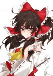  1girl artist_name ascot bangs bare_shoulders black_hair blush bow brown_eyes commentary_request detached_sleeves eyebrows_visible_through_hair frilled_ascot frilled_bow frilled_shirt_collar frills gohei hair_between_eyes hair_bow hair_tubes hakurei_reimu half_updo hand_up lalu long_hair long_sleeves looking_at_viewer red_bow red_skirt ribbon-trimmed_sleeves ribbon_trim sidelocks signature simple_background skirt skirt_set smile solo touhou upper_body white_background wide_sleeves yellow_neckwear 